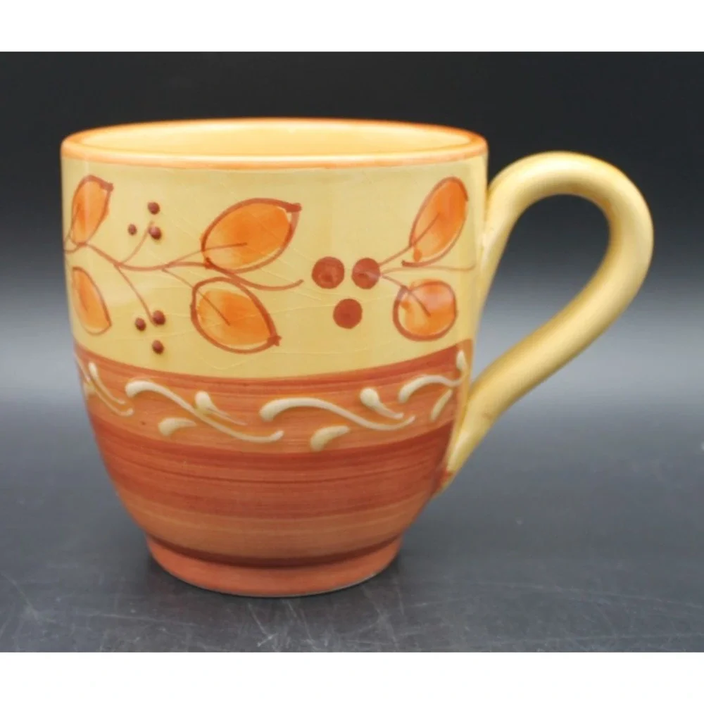 Pier 1 Genoa Coffee Mugs Set of 2 Hand Painted Italian Earthenware Leaves 4